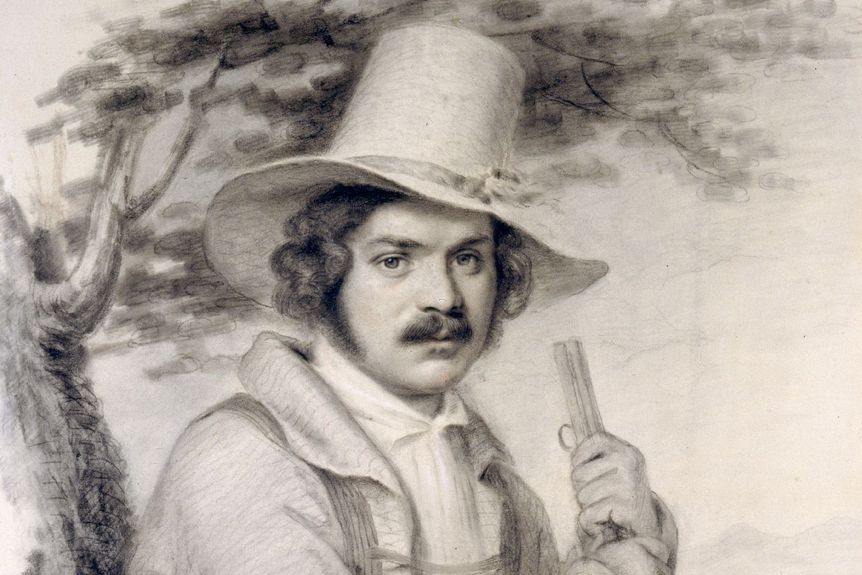 Porträt eines mittelalten Mannes mit Bart und Hut in einer Landschaft, Zeichnung von 1834